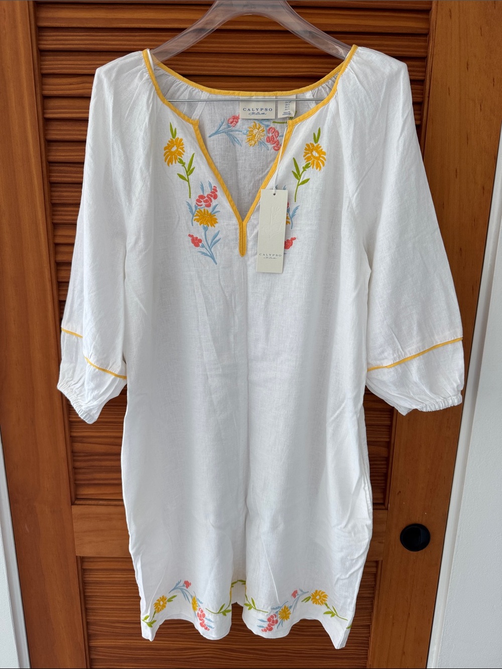 CALYPSO ST BARTH White Linen Blend Tunic Coverup Yellow Trim Floral Embroidery